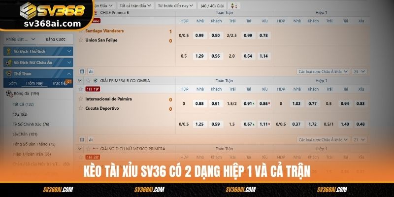 Kèo Tài Xỉu SV36 có 2 dạng hiệp 1 và cả trận